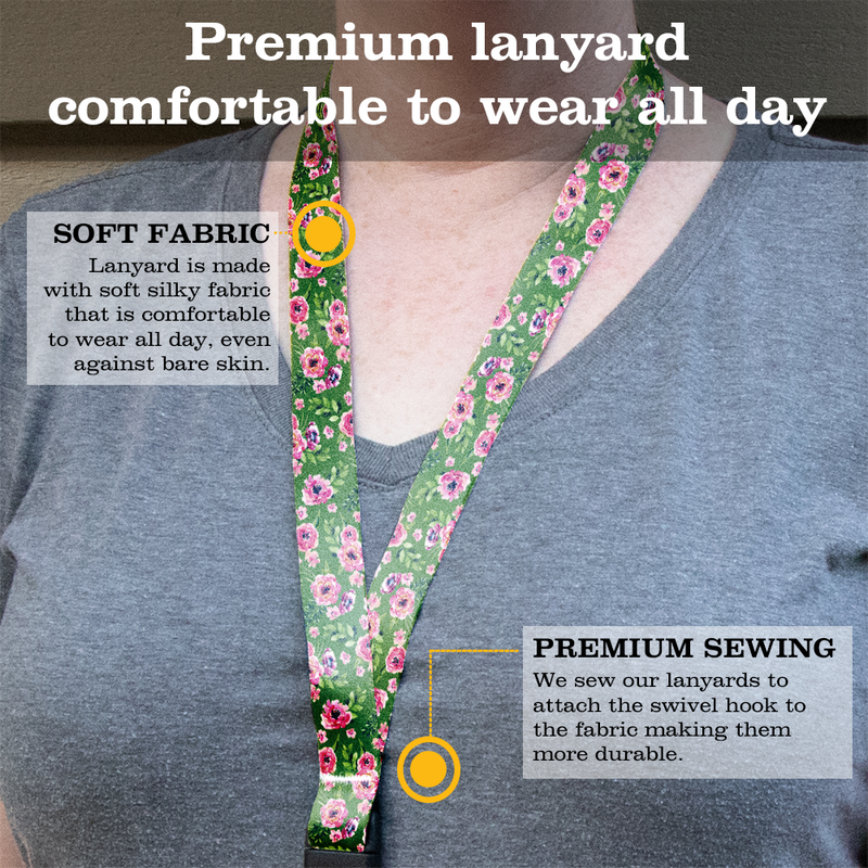 Peonies Green Premium Lanyard - with Buckle and Flat Ring - Made in the USA