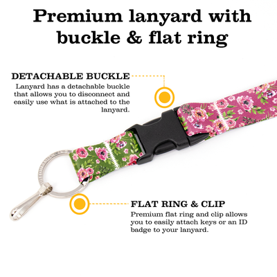Peonies Pink Breakaway Lanyard - with Buckle and Flat Ring - Made in the USA