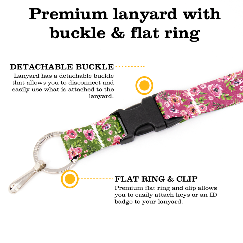 Peonies Pink Premium Lanyard - with Buckle and Flat Ring - Made in the USA