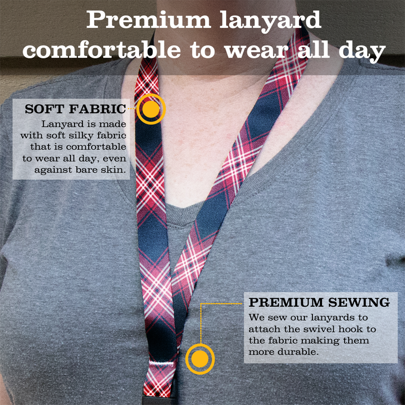 Tweedside Red Plaid Premium Lanyard - with Buckle and Flat Ring - Made in the USA