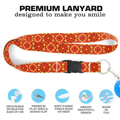 Buttonsmith Orange Moroccan Tiles Premium Lanyard - with Buckle and Flat Ring - Made in the USA - Buttonsmith Inc.