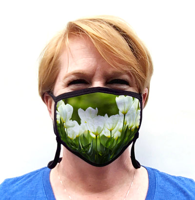 Buttonsmith White Tulips Adult Adjustable Face Mask with Filter Pocket - Made in the USA - Buttonsmith Inc.
