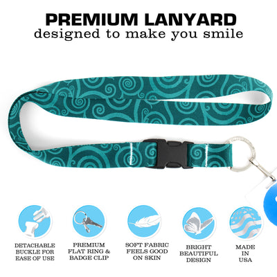 Buttonsmith Aquamarine Swirls Premium Lanyard - with Buckle and Flat Ring - Made in the USA - Buttonsmith Inc.