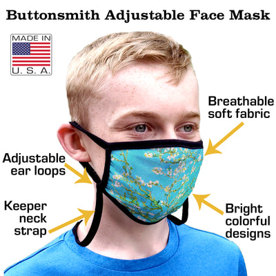 Buttonsmith William Morris William Morris - Set of 5 Youth Adjustable Face Mask with Filter Pocket - Made in the USA - Buttonsmith Inc.