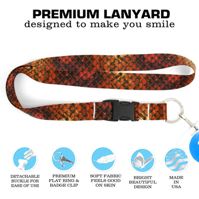 Buttonsmith Orange Mermaid Scales Premium Lanyard - with Buckle and Flat Ring - Made in the USA - Buttonsmith Inc.