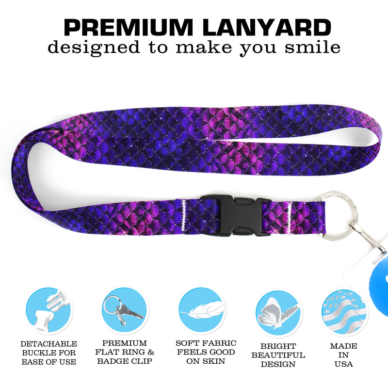Buttonsmith Purple Mermaid Scales Premium Lanyard - with Buckle and Flat Ring - Made in the USA - Buttonsmith Inc.