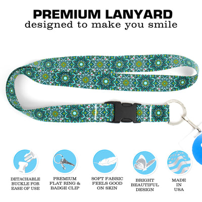 Buttonsmith Aqua Moroccan Tiles Premium Lanyard - with Buckle and Flat Ring - Made in the USA - Buttonsmith Inc.